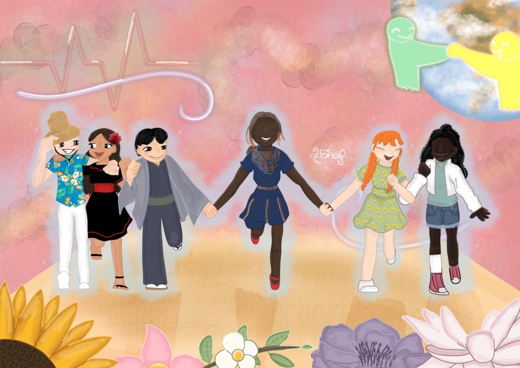 A digital drawing with friends holding hands.