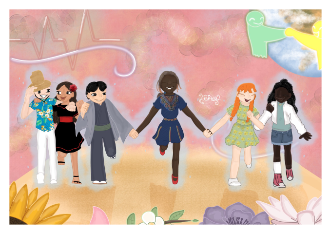 A digital drawing with friends holding hands.
