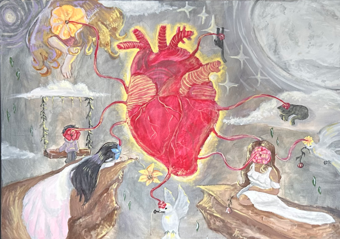 A large heart attached to living things in the world.