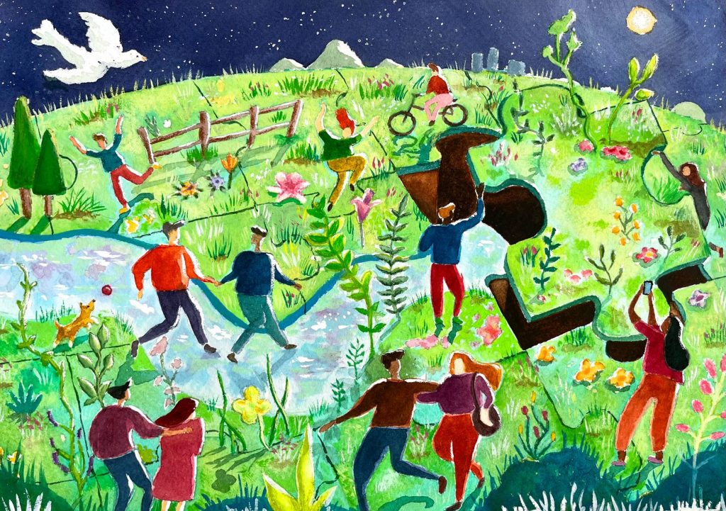 A puzzle piece world with people and friends frolicking around.