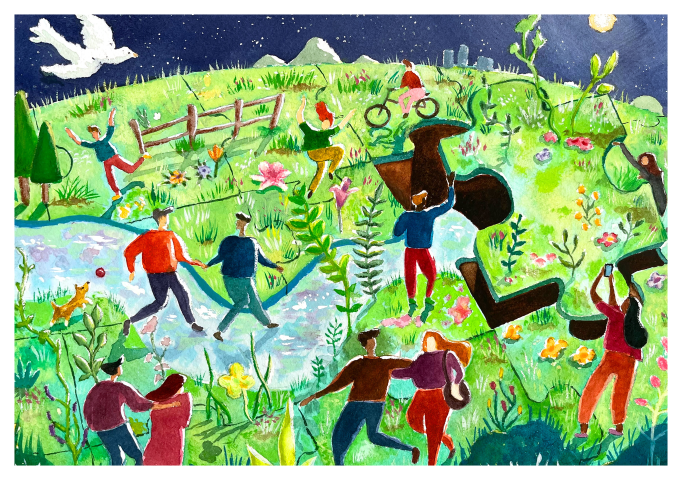 A puzzle piece world with people and friends frolicking around.