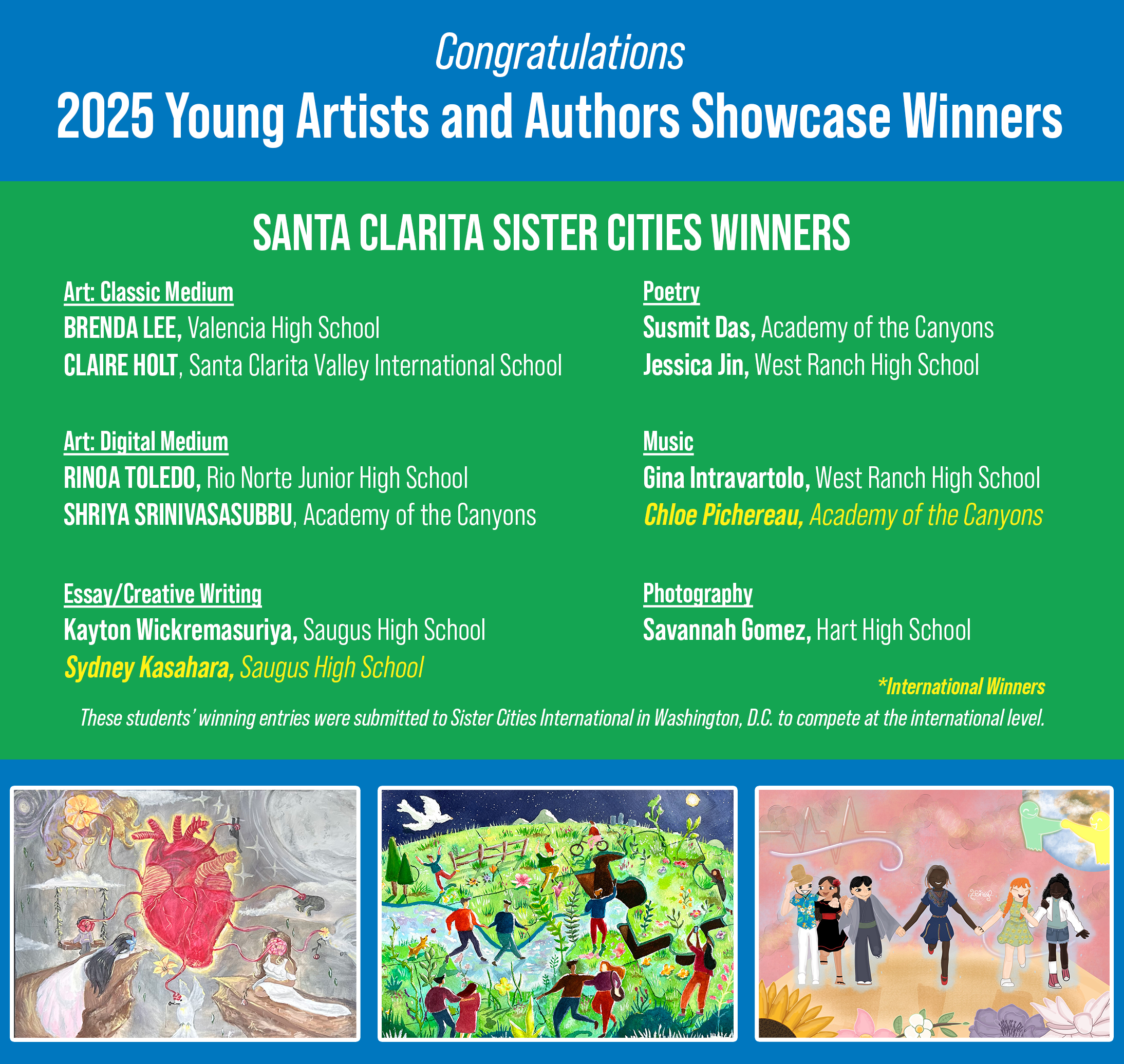 Congratulations banner for the 2025 Young Artists and Authors Showcase Winners, highlighting Santa Clarita Sister Cities winners in various categories. Listed winners include: Art: Classic Medium – Brenda Lee (Valencia High School), Claire Holt (Santa Clarita Valley International School) Art: Digital Medium – Rinoa Toledo (Rio Norte Junior High School), Shriya Srinivasasubbu (Academy of the Canyons) Essay/Creative Writing – Kayton Wickremasuriya (Saugus High School), Sydney Kasahara* (Saugus High School) Poetry – Susmit Das (Academy of the Canyons), Jessica Jin (West Ranch High School) Music – Gina Intravartolo (West Ranch High School), Chloe Pichereau* (Academy of the Canyons) Photography – Savannah Gomez (Hart High School) International winners are noted with an asterisk. Three student artworks are shown along the bottom: a surreal heart and human figures painting, a colorful scene of people connecting across the world, and a stylized group of diverse figures holding hands with flowers and soft pastel backgrounds.